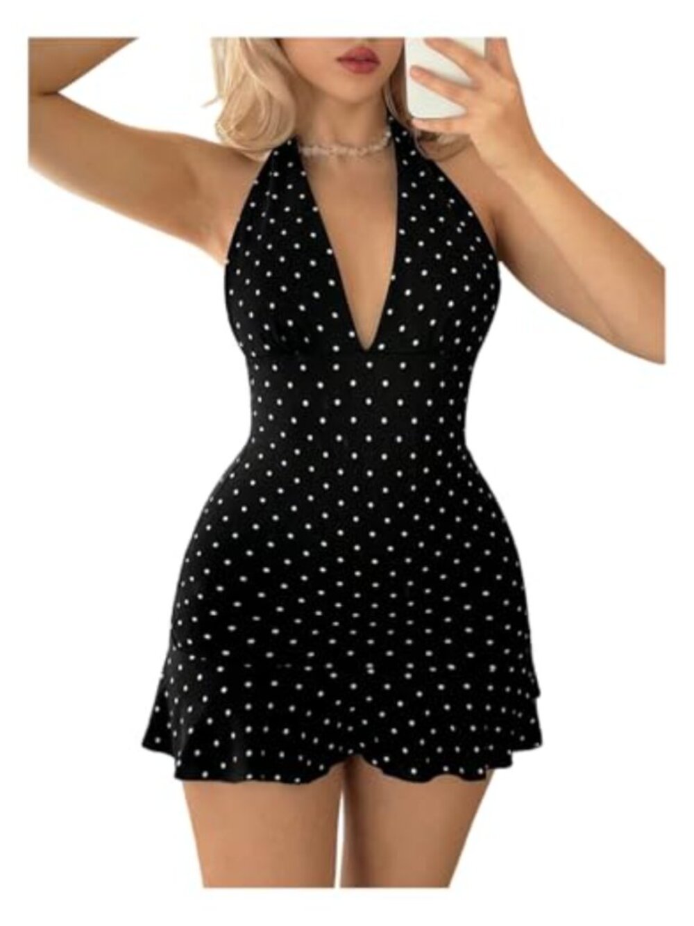 Women's Polka Dots Halter Mini Dress Tie Back A Line Sleeveless